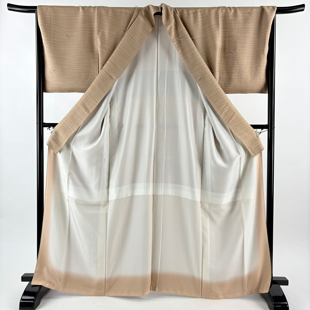 【美品】 小紋 身長166cm 袖長67.5cm L 雙層 葉與果實 紋路 薄茶 純蠶絲 秀品級