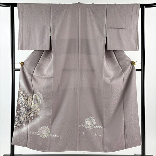 【美品】 付下 身長151.5cm 袖長60.5cm S 雙層 華紋 花鳥 金銀彩 漸層 灰紫 純蠶絲 優品級