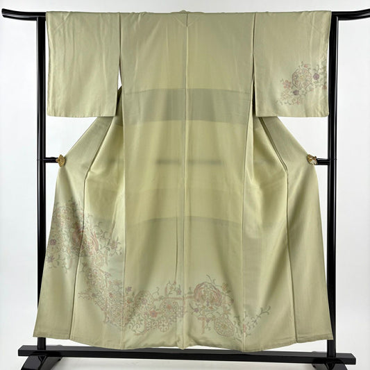 【美品】 付下 身長155cm 袖長63cm S 雙層 向鳥 華紋 刺繡 漸層 抹茶 純蠶絲 秀品級
