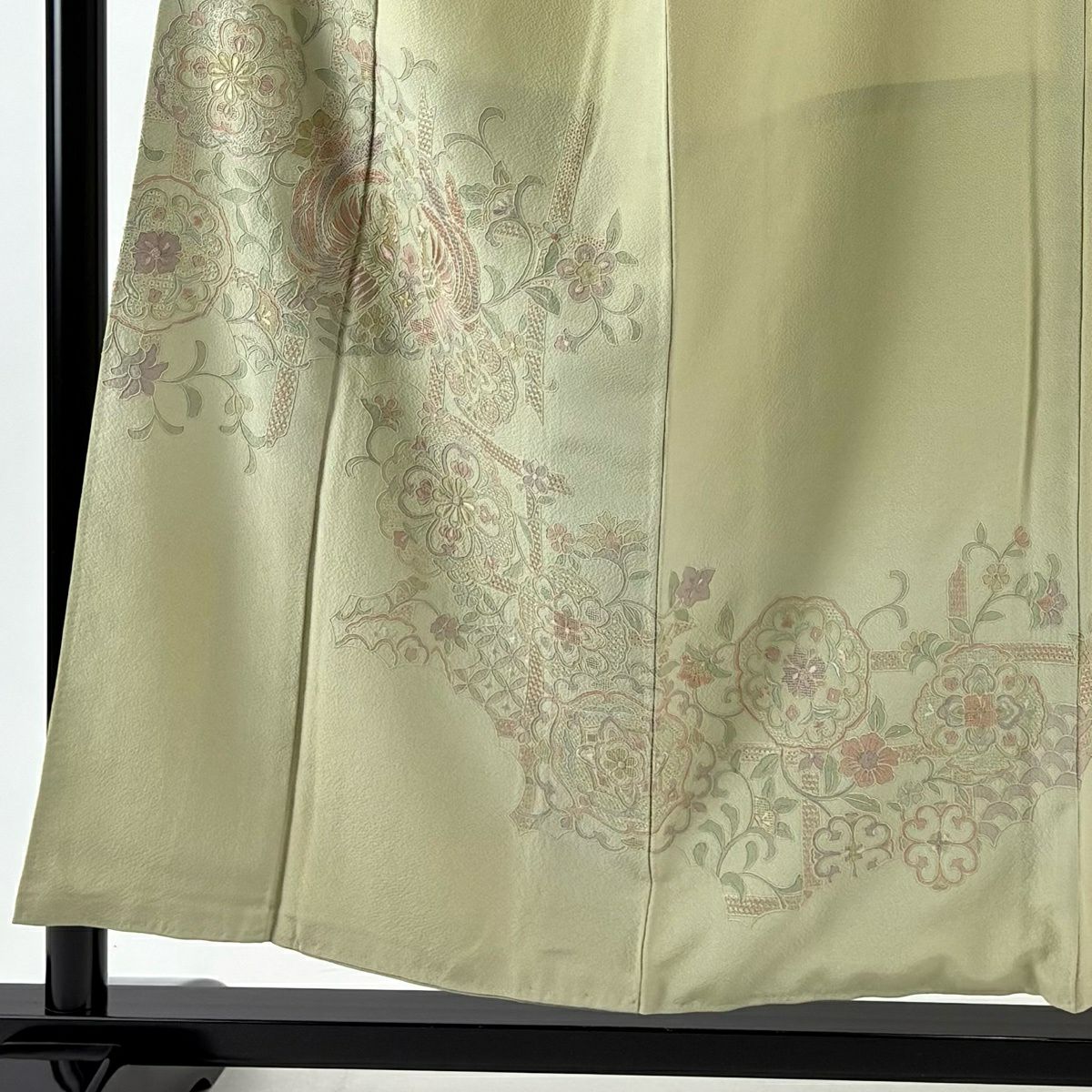 【美品】 付下 身長155cm 袖長63cm S 雙層 向鳥 華紋 刺繡 漸層 抹茶 純蠶絲 秀品級