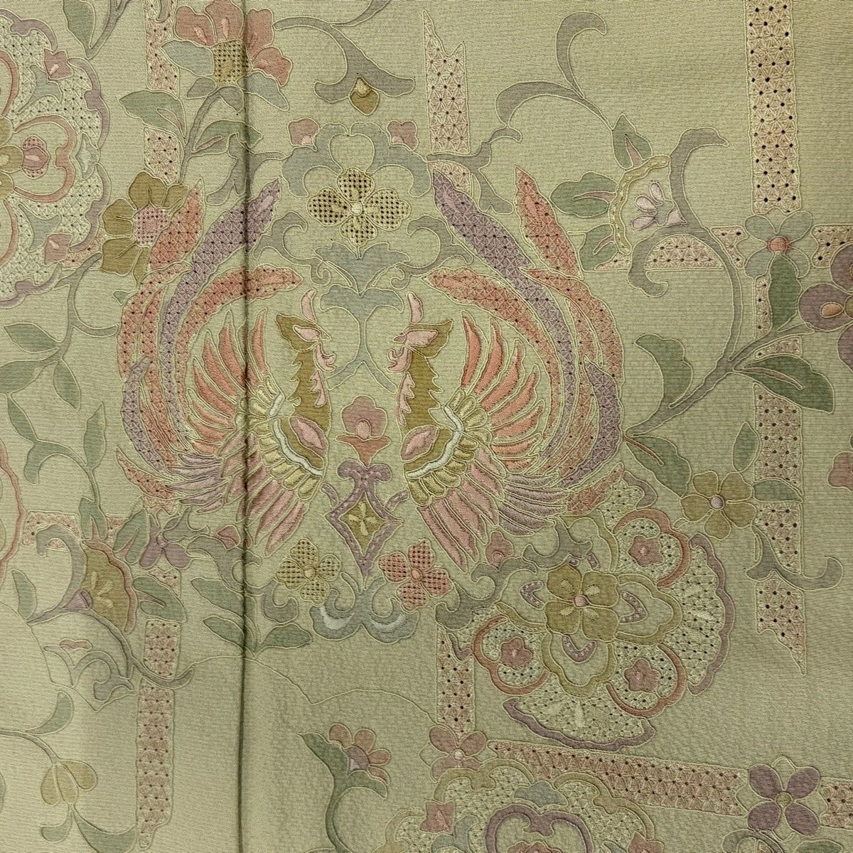 【美品】 付下 身長155cm 袖長63cm S 雙層 向鳥 華紋 刺繡 漸層 抹茶 純蠶絲 秀品級