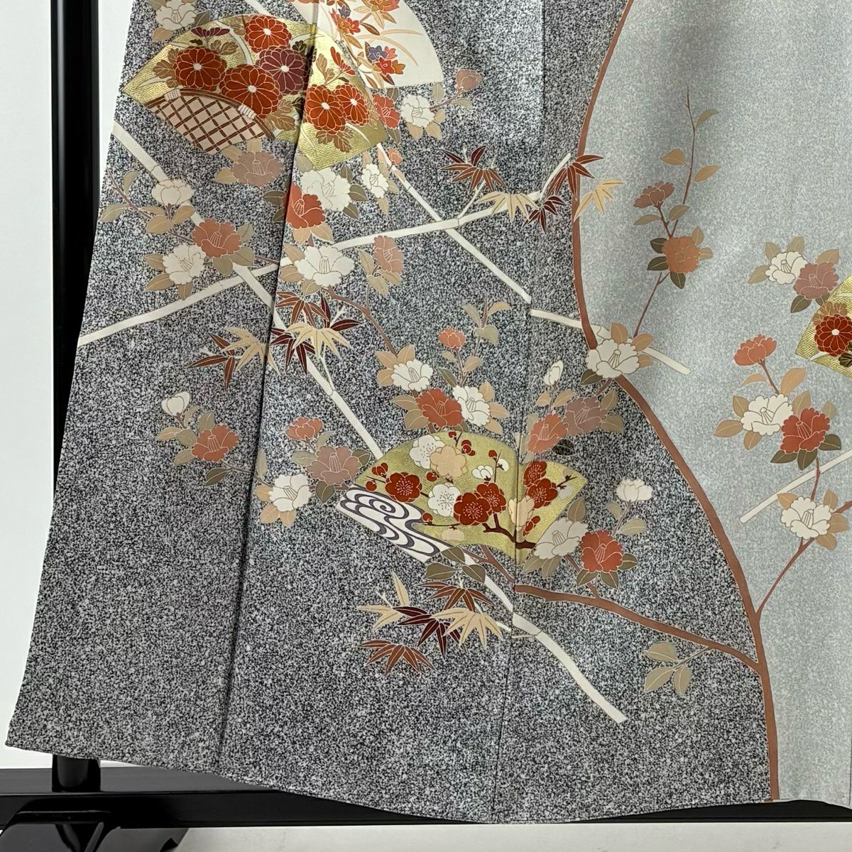 訪問服 身長158cm 袖長63cm S 雙層 扇子面 草花紋紋 金彩裝飾 黑灰 純蠶絲 秀品級