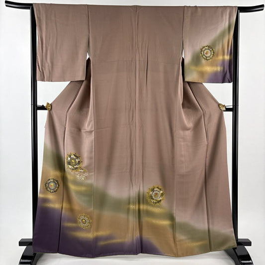 【美品】 付下 身長164.5cm 袖長66cm M 雙層 仙鶴 花丸紋 金銀彩 刺繡 薄小豆 純蠶絲 秀品級