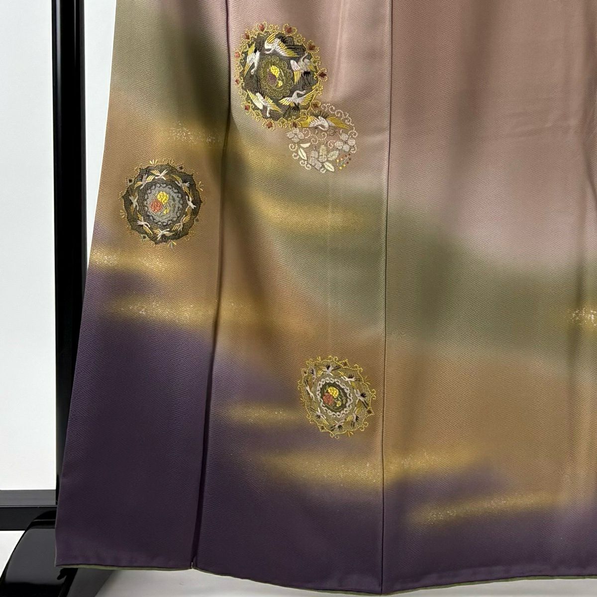 【美品】 付下 身長164.5cm 袖長66cm M 雙層 仙鶴 花丸紋 金銀彩 刺繡 薄小豆 純蠶絲 秀品級