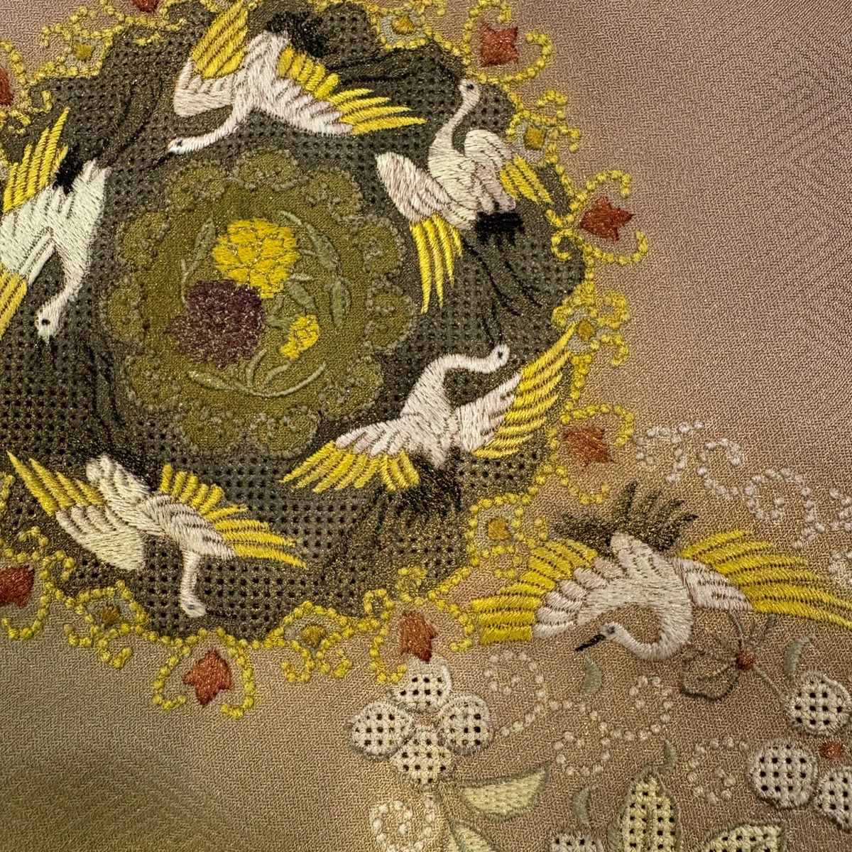 【美品】 付下 身長164.5cm 袖長66cm M 雙層 仙鶴 花丸紋 金銀彩 刺繡 薄小豆 純蠶絲 秀品級