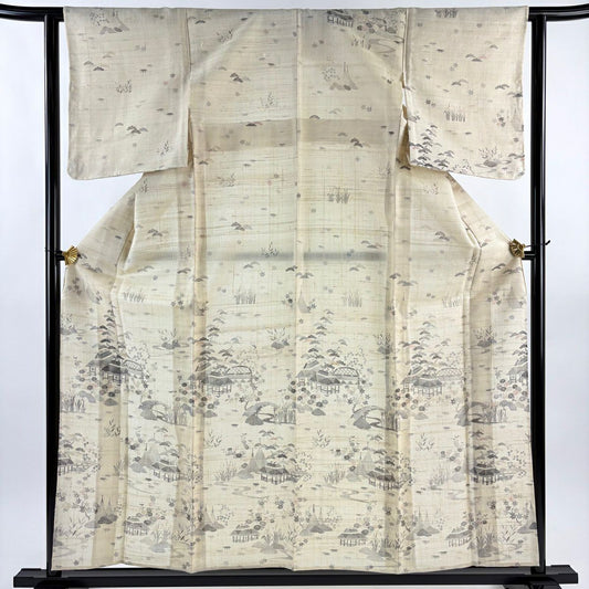 小紋 身長157.5cm 袖長61.5cm S 單層 紬織織 建物 松樹 米色 純蠶絲 優品級