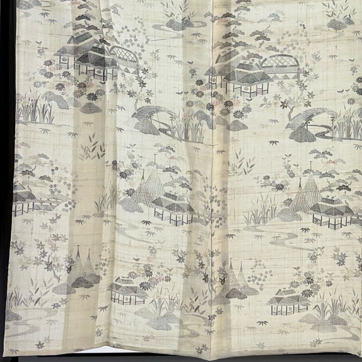 小紋 身長157.5cm 袖長61.5cm S 單層 紬織織 建物 松樹 米色 純蠶絲 優品級