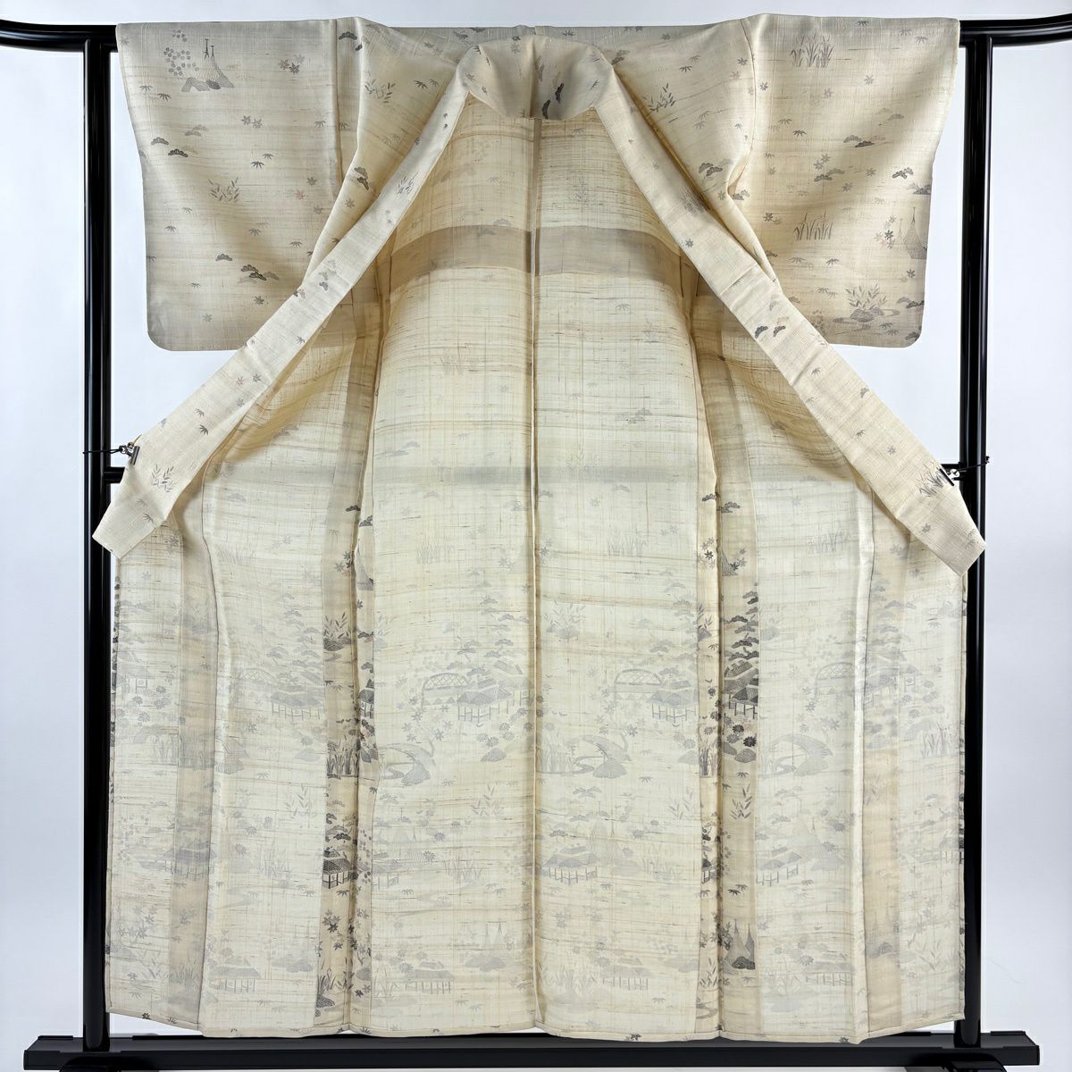小紋 身長157.5cm 袖長61.5cm S 單層 紬織織 建物 松樹 米色 純蠶絲 優品級