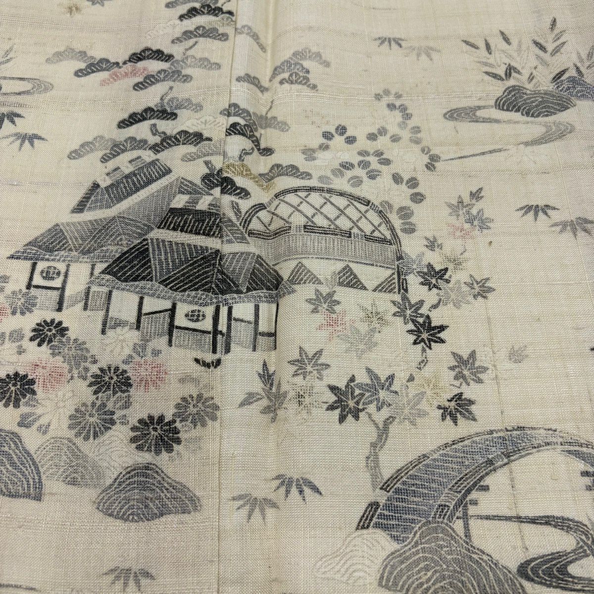 小紋 身長157.5cm 袖長61.5cm S 單層 紬織織 建物 松樹 米色 純蠶絲 優品級