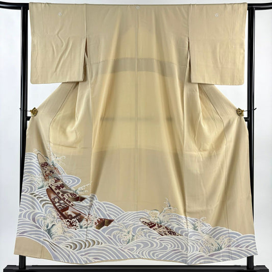 色留袖禮服 身長152.5cm 袖長62.5cm S 雙層 舟 波頭 金銀彩 米色 純蠶絲 秀品級 五つ紋