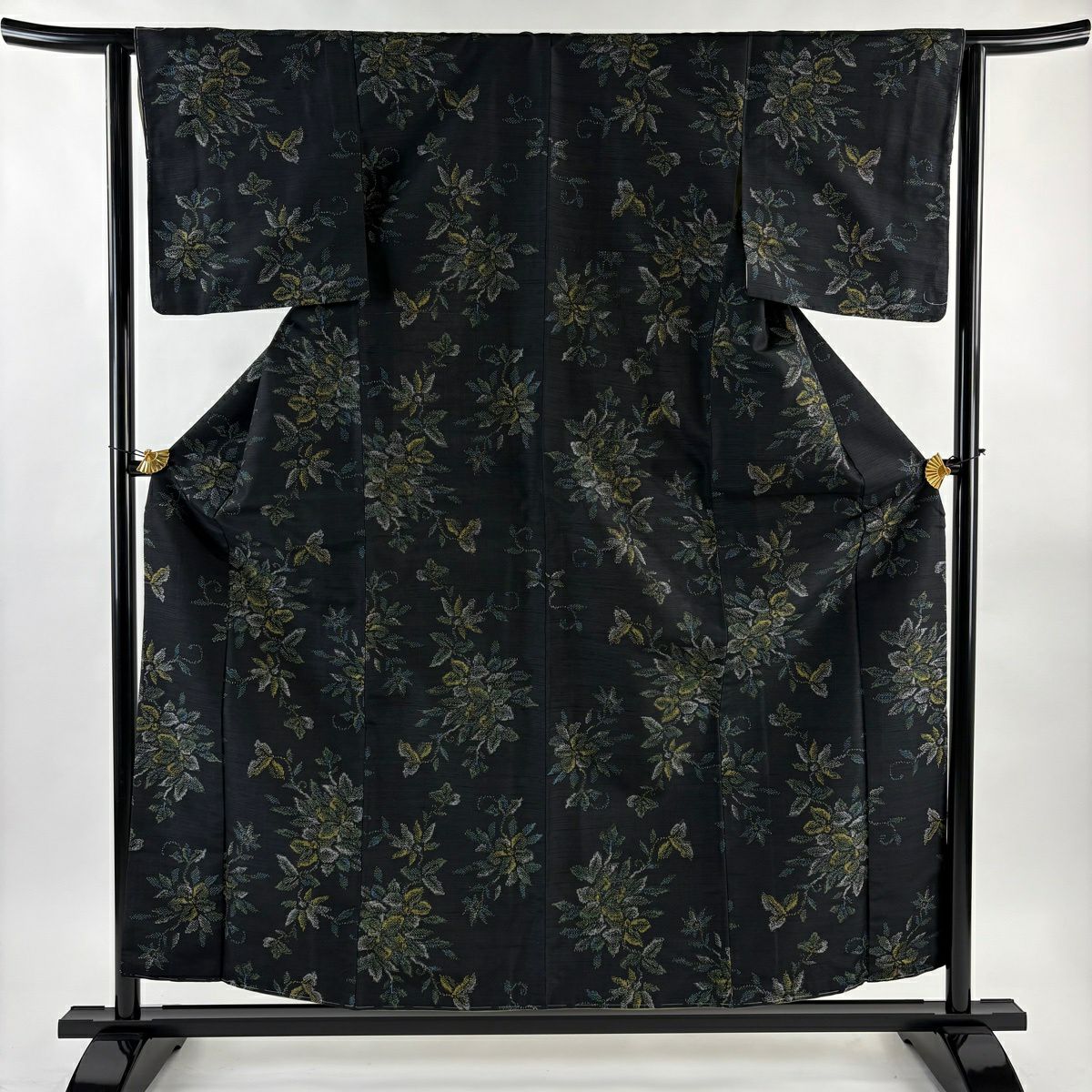 【美品】 紬織 身長156cm 袖長62.5cm S 雙層 草花紋 墨 深藍 純蠶絲 秀品級