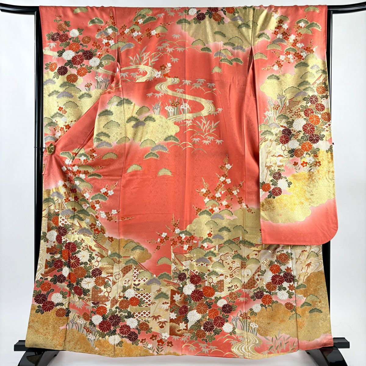 振袖禮服 身長161cm 袖長66cm M 雙層 松樹竹子梅花 菊花 金絲 金銀彩 粉色 純蠶絲 優品級