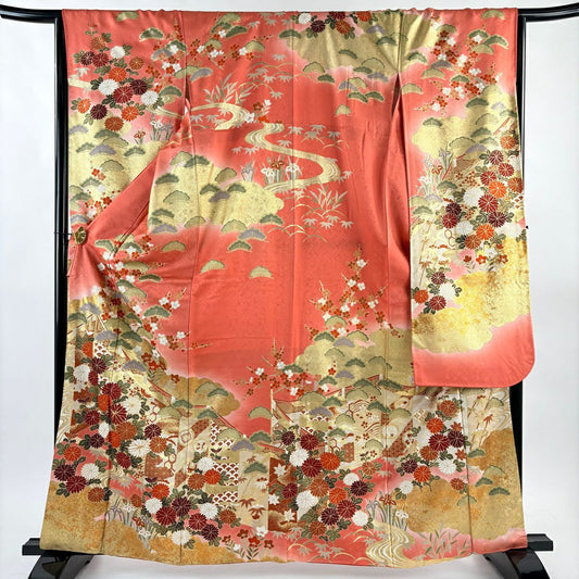 振袖禮服 身長161cm 袖長66cm M 雙層 松樹竹子梅花 菊花 金絲 金銀彩 粉色 純蠶絲 優品級