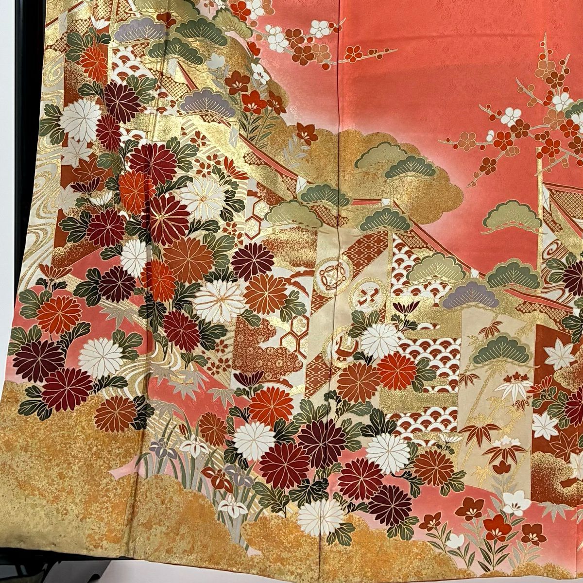 振袖禮服 身長161cm 袖長66cm M 雙層 松樹竹子梅花 菊花 金絲 金銀彩 粉色 純蠶絲 優品級