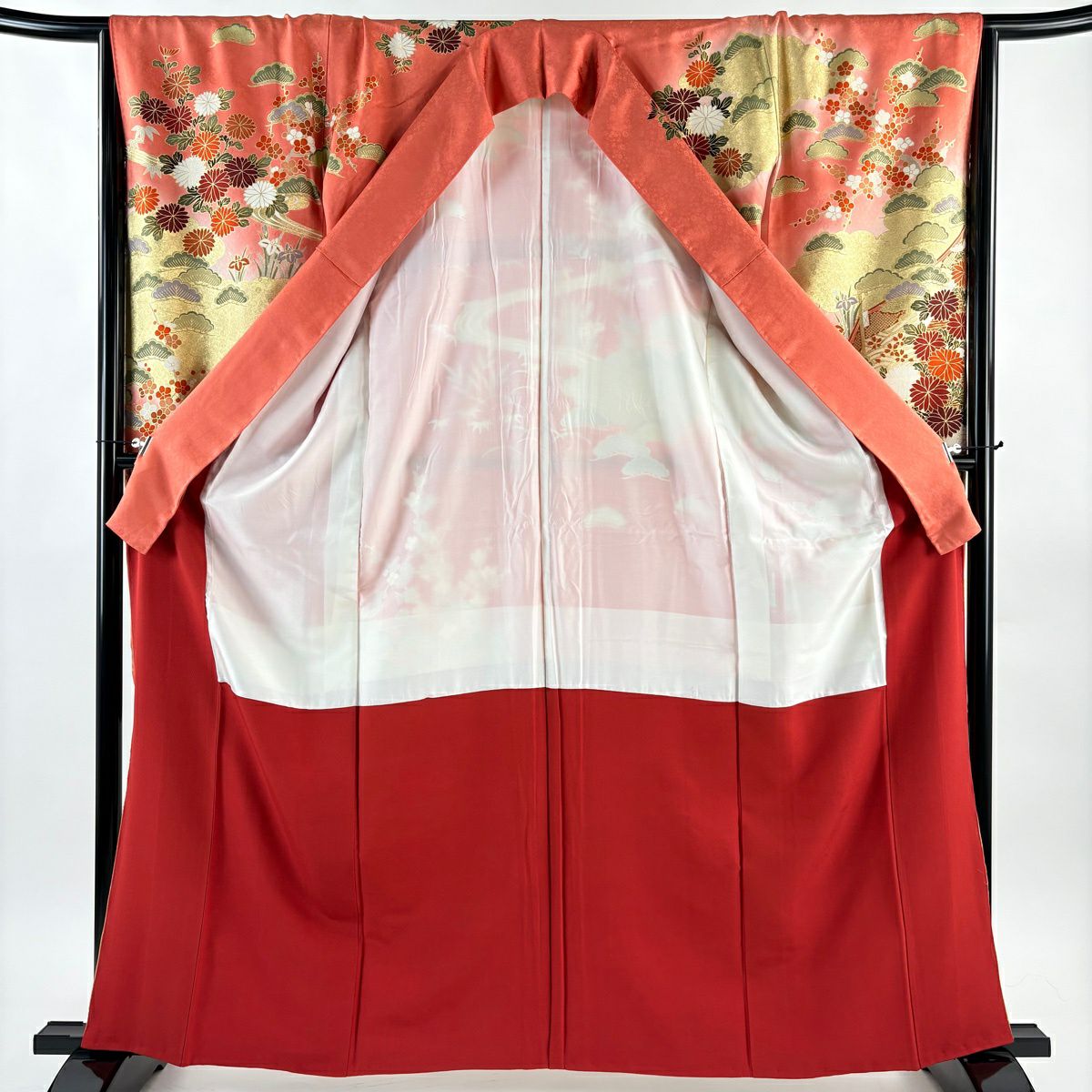 振袖禮服 身長161cm 袖長66cm M 雙層 松樹竹子梅花 菊花 金絲 金銀彩 粉色 純蠶絲 優品級