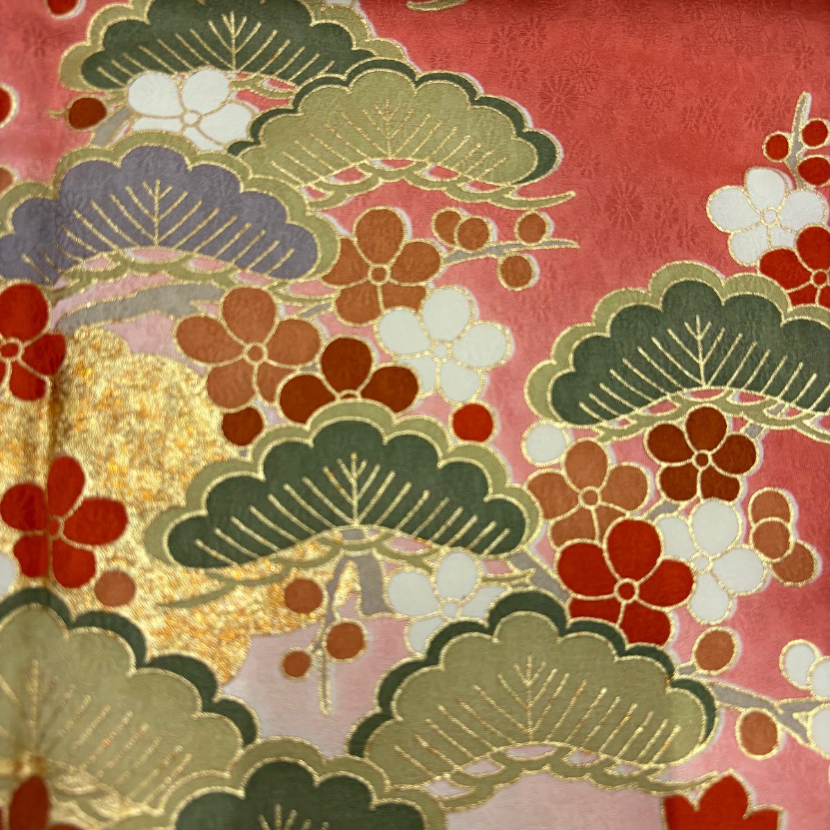 振袖禮服 身長161cm 袖長66cm M 雙層 松樹竹子梅花 菊花 金絲 金銀彩 粉色 純蠶絲 優品級