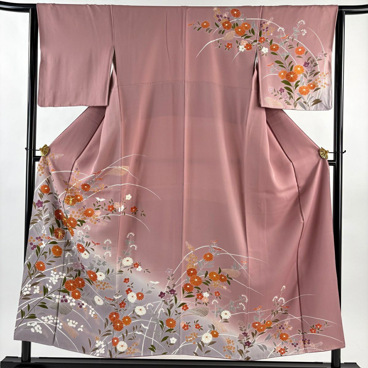 訪問服 身長152cm 袖長63cm S 雙層 秋草 菊花 金糸 染分 薄紫 純蠶絲 秀品級