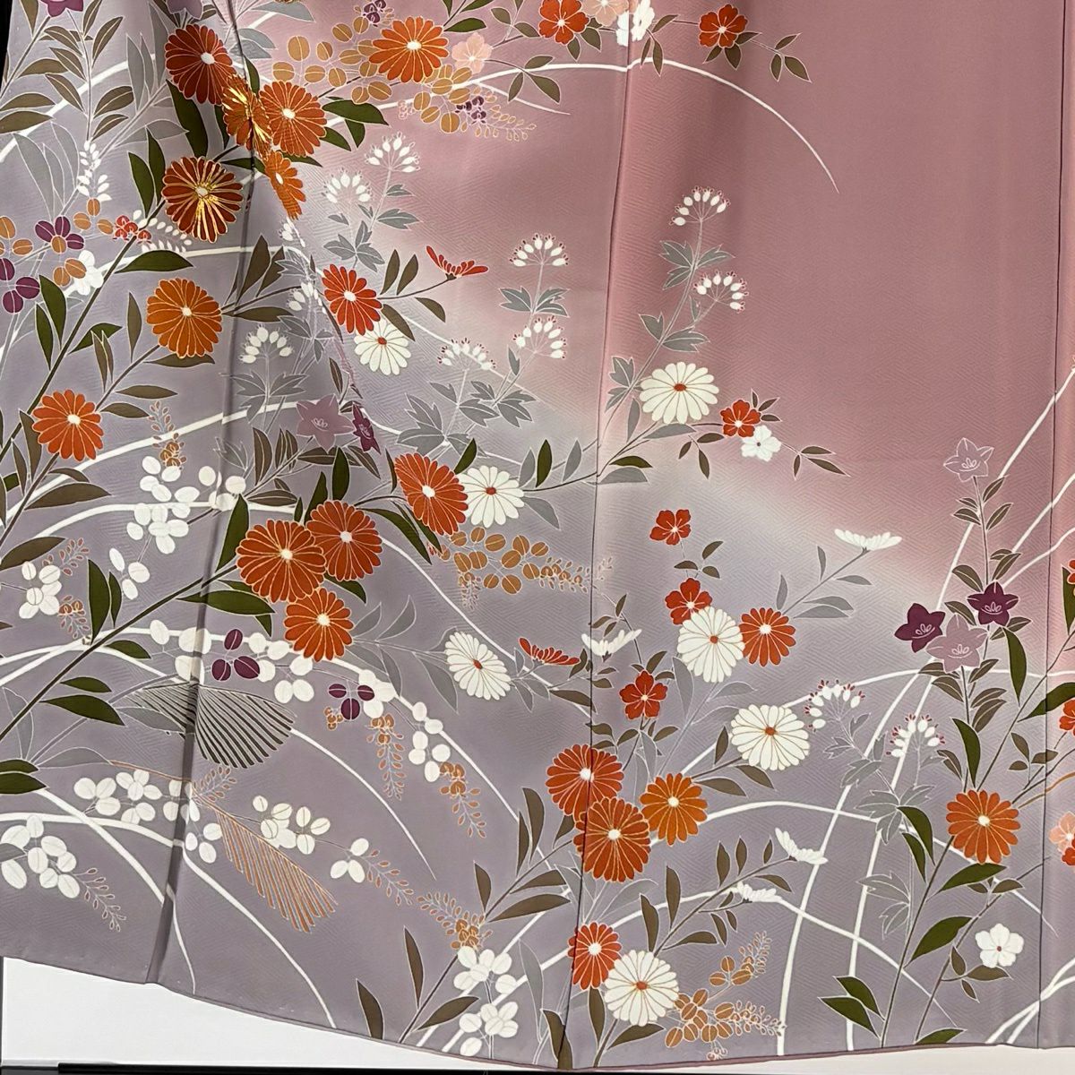 訪問服 身長152cm 袖長63cm S 雙層 秋草 菊花 金糸 染分 薄紫 純蠶絲 秀品級