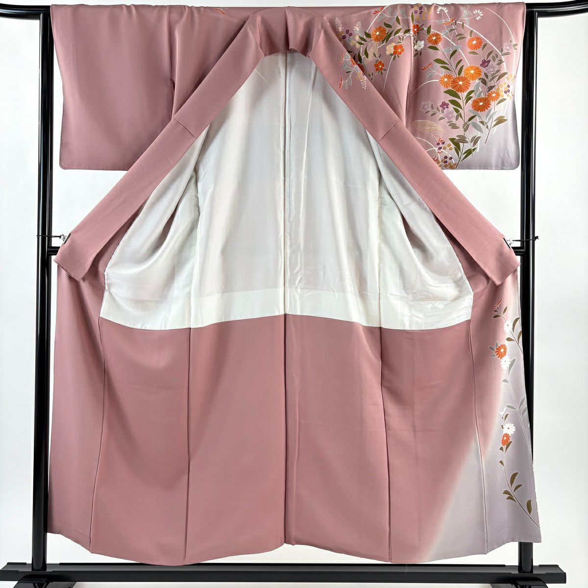 訪問服 身長152cm 袖長63cm S 雙層 秋草 菊花 金糸 染分 薄紫 純蠶絲 秀品級