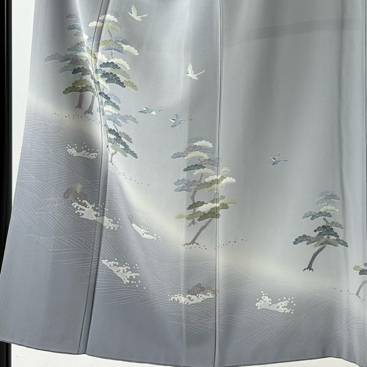 訪問服 身長153cm 袖長66cm M 雙層 落款あり 笠松樹 鳥 漸層 青灰 純蠶絲 秀品級 一つ紋