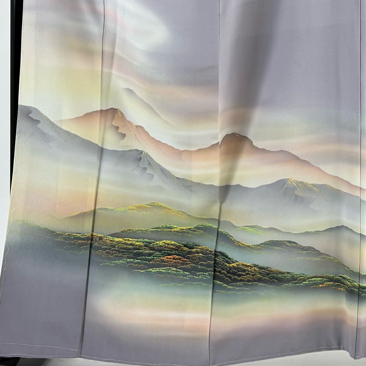留袖禮服禮服 身長164cm 袖長65cm M 雙層 落款あり 風景 遠山 漸層 金銀彩 淺紫 純蠶絲 秀品級 三つ紋