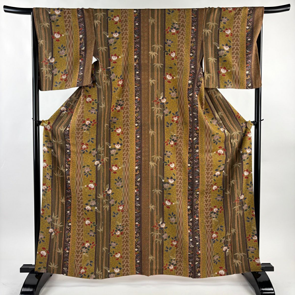 【美品】 小紋 身長162.5cm 袖長66cm M 雙層 橘色 笹 金銀彩 黃土色 純蠶絲 秀品級