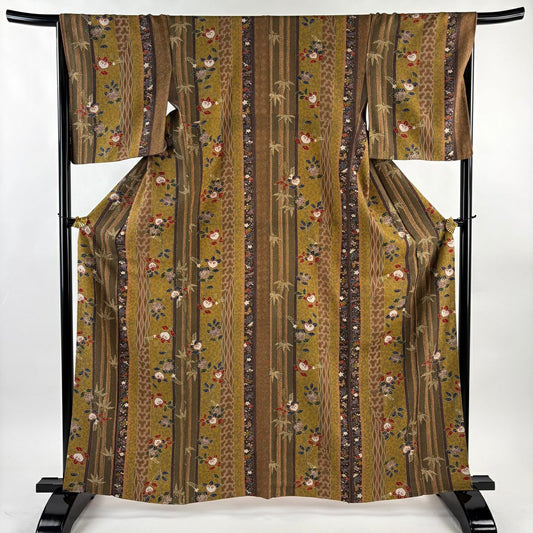 【美品】 小紋 身長162.5cm 袖長66cm M 雙層 橘色 笹 金銀彩 黃土色 純蠶絲 秀品級