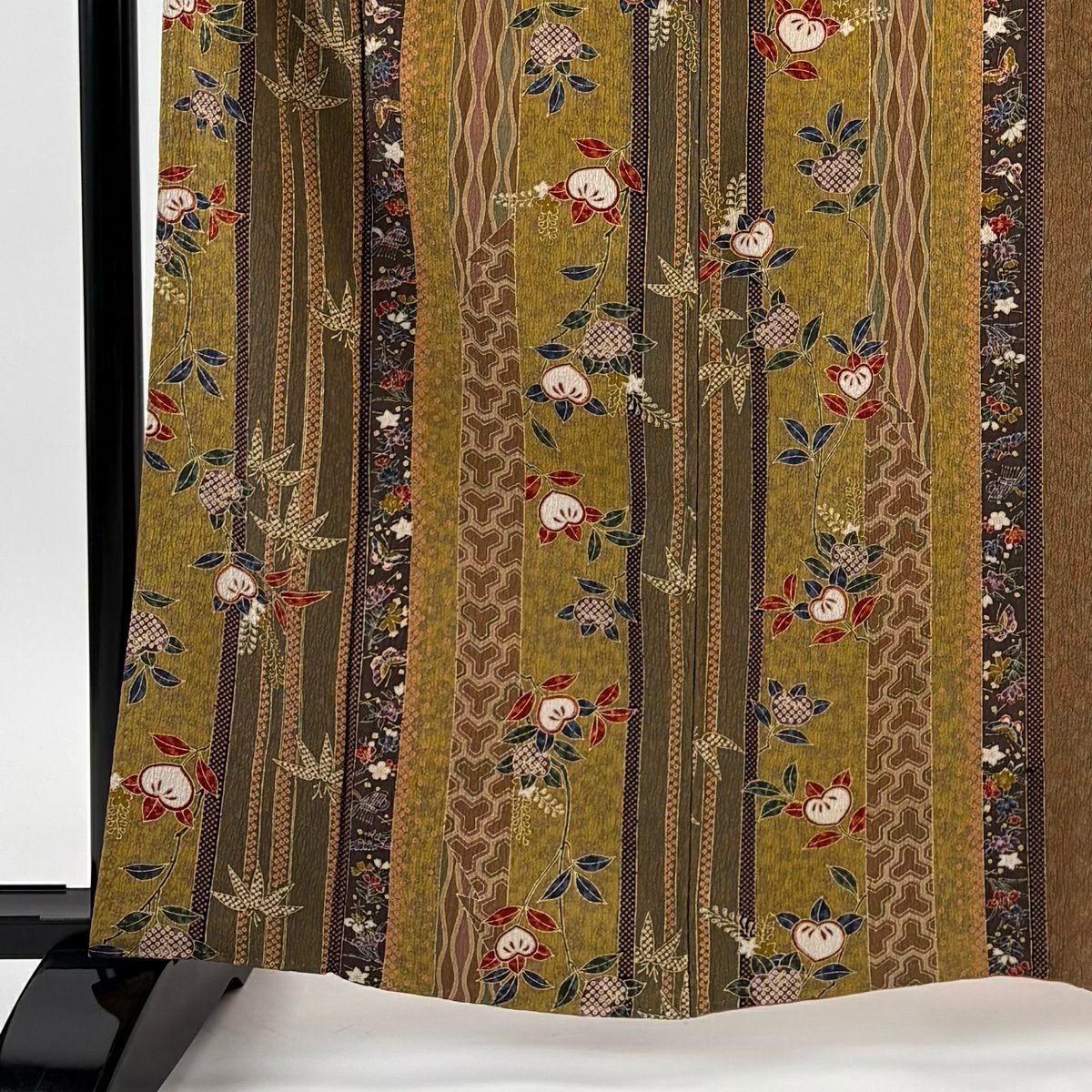 【美品】 小紋 身長162.5cm 袖長66cm M 雙層 橘色 笹 金銀彩 黃土色 純蠶絲 秀品級