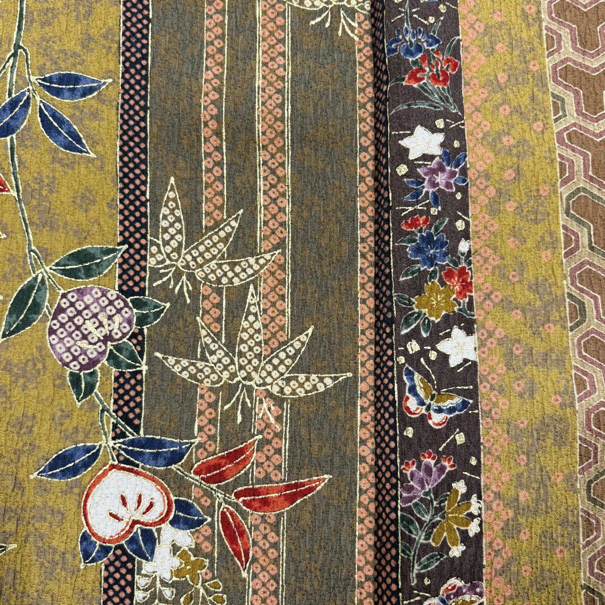 【美品】 小紋 身長162.5cm 袖長66cm M 雙層 橘色 笹 金銀彩 黃土色 純蠶絲 秀品級