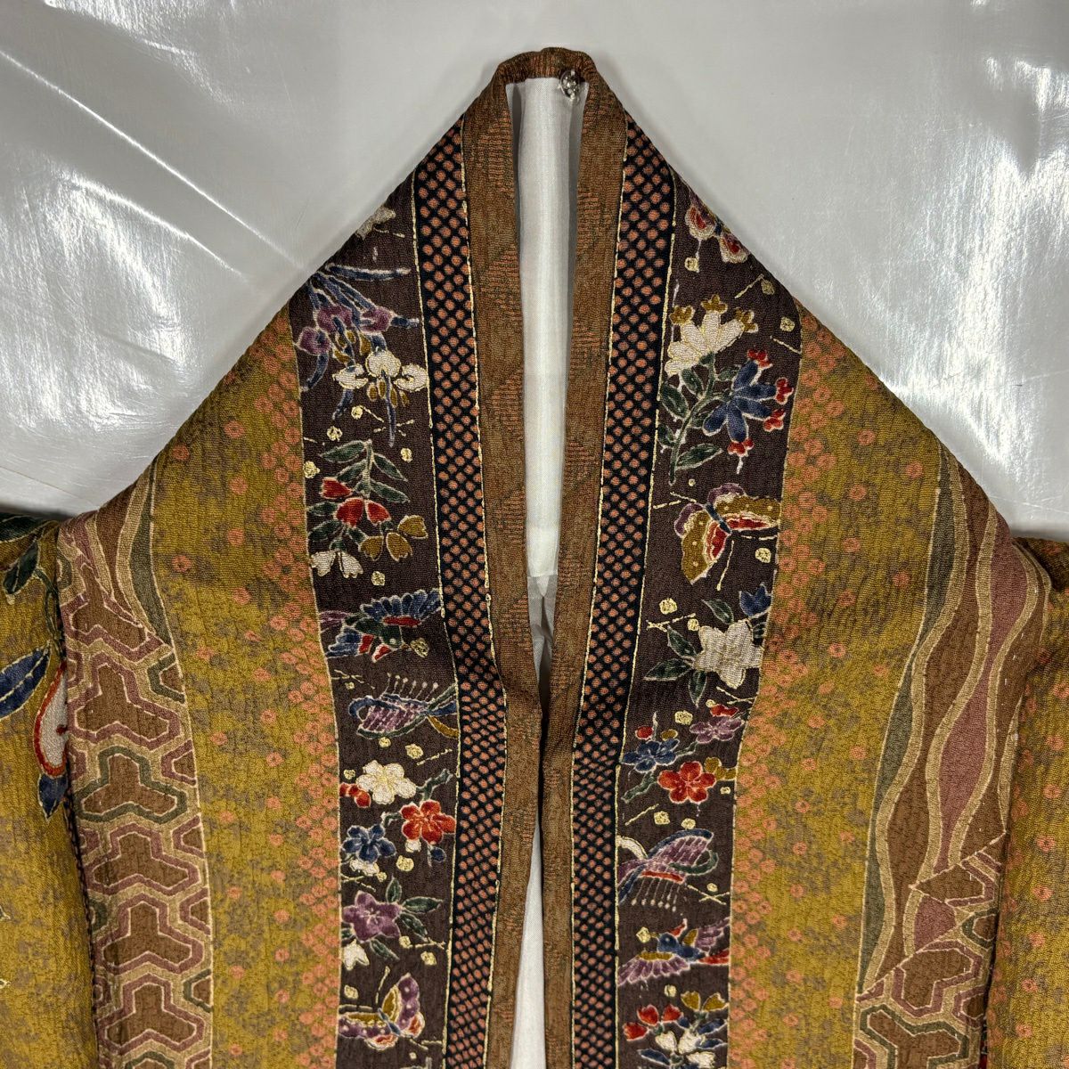 【美品】 小紋 身長162.5cm 袖長66cm M 雙層 橘色 笹 金銀彩 黃土色 純蠶絲 秀品級