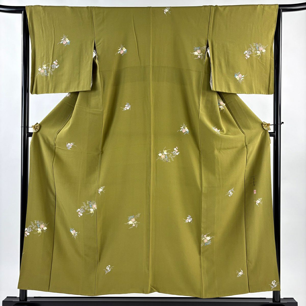 【美品】 小紋 身長151cm 袖長65cm M 雙層 百貫石峰 落款あり 草花紋紋 抹茶 純蠶絲 秀品級