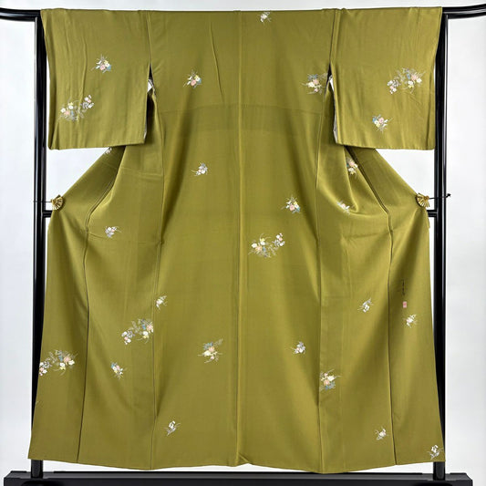 【美品】 小紋 身長151cm 袖長65cm M 雙層 百貫石峰 落款あり 草花紋紋 抹茶 純蠶絲 秀品級