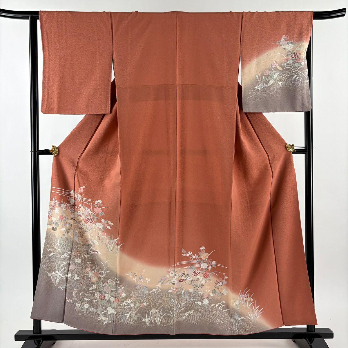 【美品】訪問服 身長156cm 袖長64cm M 雙層 草花紋紋 流水 金彩裝飾 漸層 鮭粉色 純蠶絲 優品級