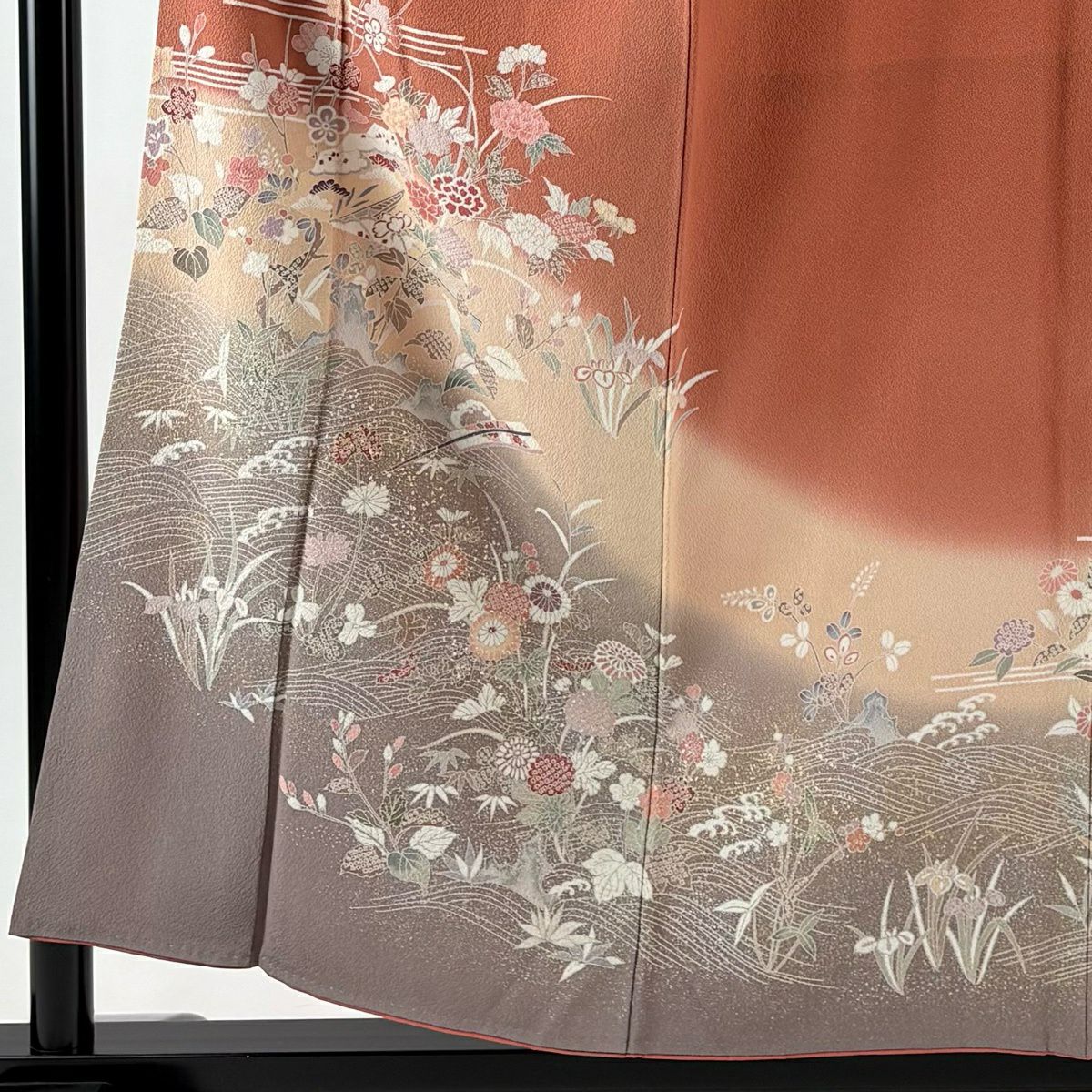 【美品】訪問服 身長156cm 袖長64cm M 雙層 草花紋紋 流水 金彩裝飾 漸層 鮭粉色 純蠶絲 優品級