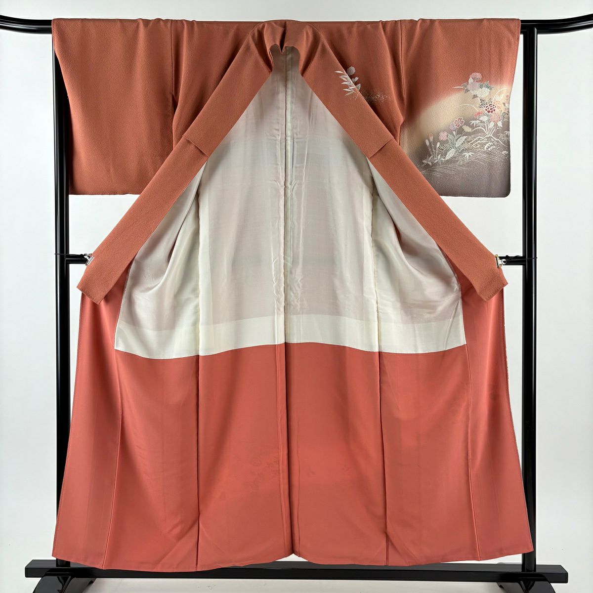 【美品】訪問服 身長156cm 袖長64cm M 雙層 草花紋紋 流水 金彩裝飾 漸層 鮭粉色 純蠶絲 優品級
