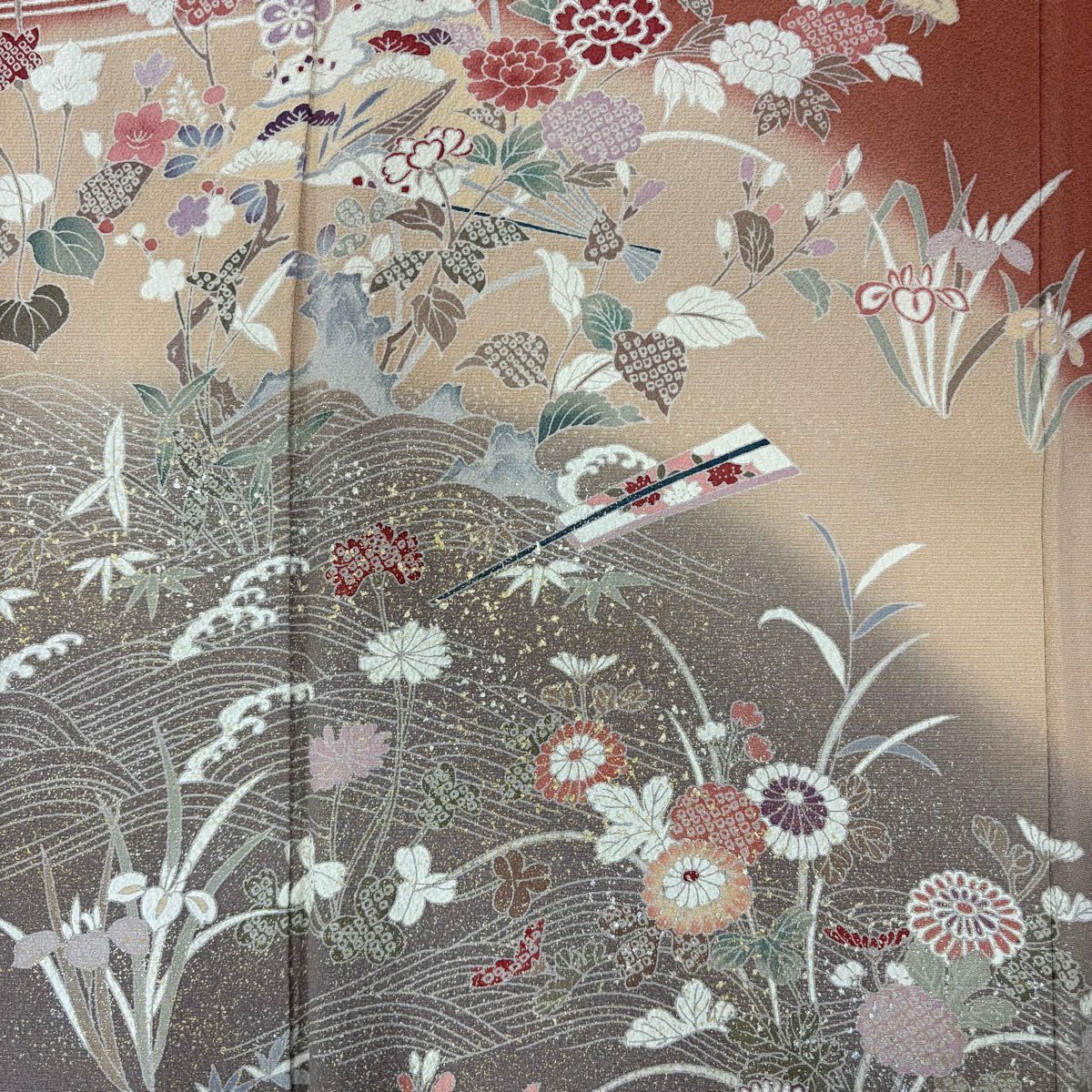 【美品】訪問服 身長156cm 袖長64cm M 雙層 草花紋紋 流水 金彩裝飾 漸層 鮭粉色 純蠶絲 優品級