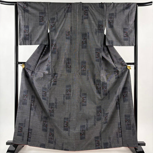 【美品】 大島紬織 身長166cm 袖長65cm M 雙層 證書在側 枝花 幾何圖案 黑灰 純蠶絲 優品級