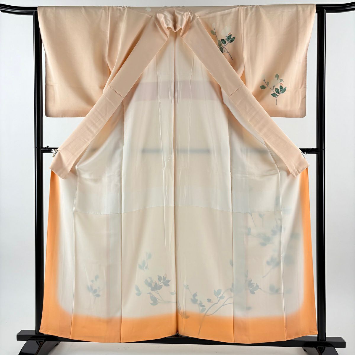 【美品】訪問服 身長159cm 袖長63cm S 雙層 枝花 薄橙 純蠶絲 秀品級 一個紋