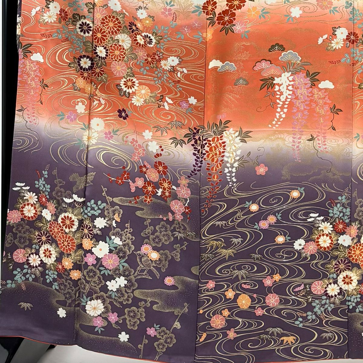 振袖禮服 身長165cm 袖長64cm M 雙層 秋草 流水 金銀彩 漸層 橙色 純蠶絲 優品級