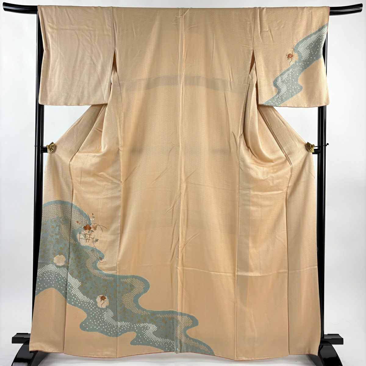 付下 身長161.5cm 袖長68cm L 雙層 草花紋紋 雪輪刺繡 絞染 淺茶 純蠶絲 優品級