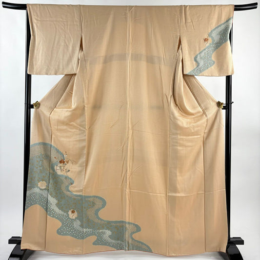 付下 身長161.5cm 袖長68cm L 雙層 草花紋紋 雪輪刺繡 絞染 淺茶 純蠶絲 優品級
