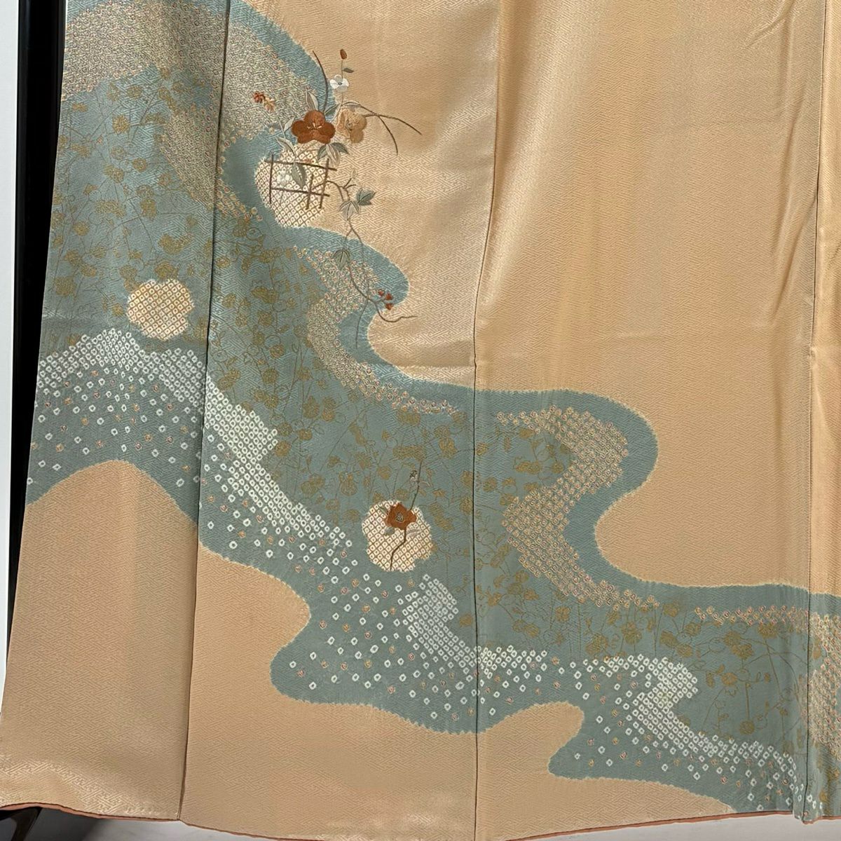 付下 身長161.5cm 袖長68cm L 雙層 草花紋紋 雪輪刺繡 絞染 淺茶 純蠶絲 優品級