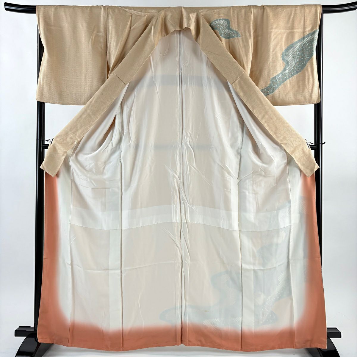 付下 身長161.5cm 袖長68cm L 雙層 草花紋紋 雪輪刺繡 絞染 淺茶 純蠶絲 優品級
