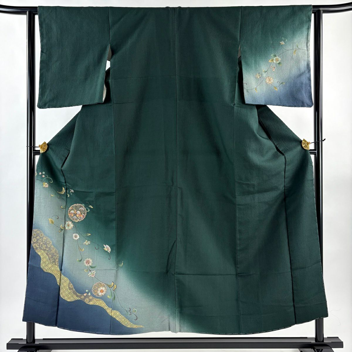 付下 身長153cm 袖長62cm S 雙層 大和 雪輪 向鳥刺繡 金線 深綠 純蠶絲 優品級