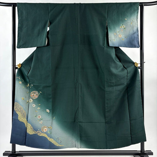付下 身長153cm 袖長62cm S 雙層 大和 雪輪 向鳥刺繡 金線 深綠 純蠶絲 優品級