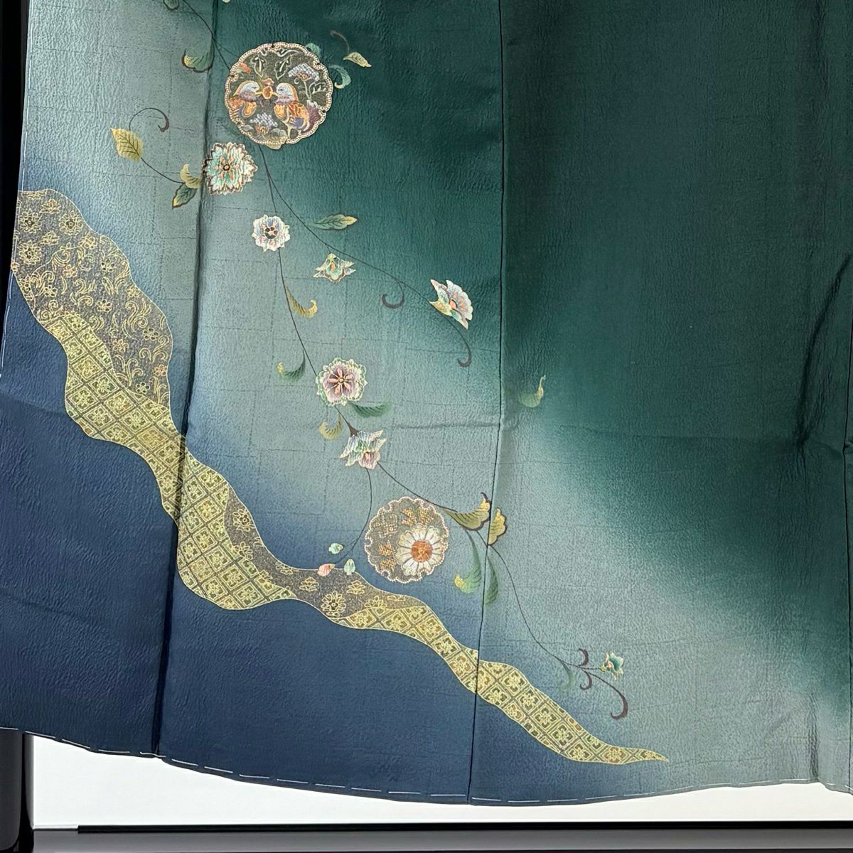 付下 身長153cm 袖長62cm S 雙層 大和 雪輪 向鳥刺繡 金線 深綠 純蠶絲 優品級