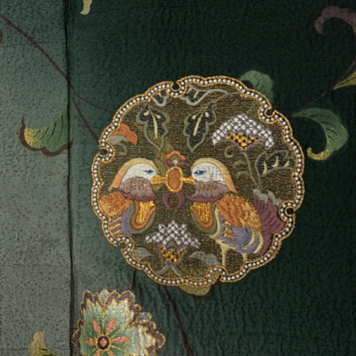 付下 身長153cm 袖長62cm S 雙層 大和 雪輪 向鳥刺繡 金線 深綠 純蠶絲 優品級