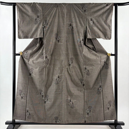 【美品】 大島紬織 身長158.5cm 袖長61.5cm S 雙層 純泥染 證書あり 中啓 花 灰茶 純蠶絲 秀品級