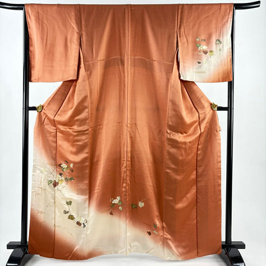 付下 身長164cm 袖長65.5cm M 雙層 枝花 蘆竹子 螺鈿 金銀彩 橙色 純蠶絲 優品級