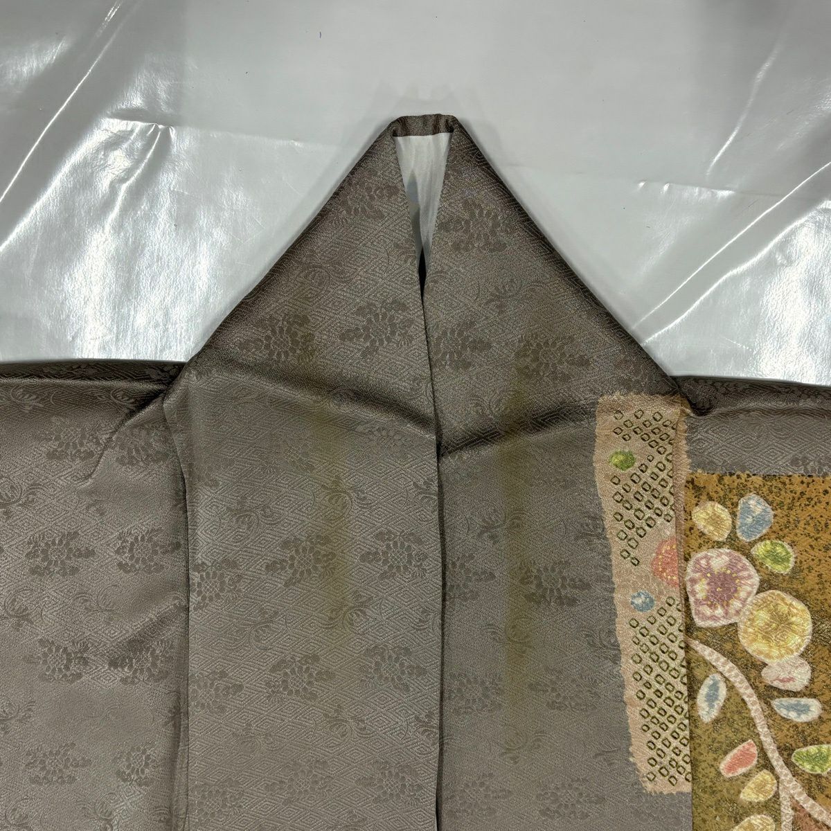 訪問服 身長156cm 袖長65cm M 雙層 短冊 草花紋紋 金糸 金銀彩 薄小豆 純蠶絲 秀品級